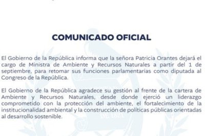 Patricia Orantes deja el Ministerio de Ambiente y regresará al Congreso el 1 de septiembre
