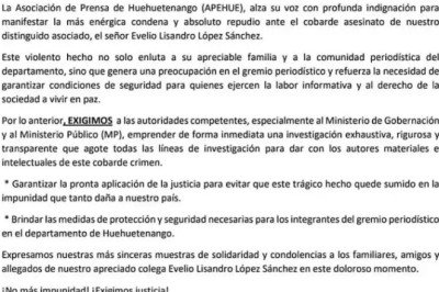 Periodistas de Huehuetenango exigen justicia por asesinato de Evelio Lisandro López Sánchez